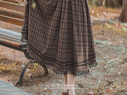 Long-Sleeve Frill Trim Blouse / Plaid Lace Trim Midi A-Line Overall Dress / Set