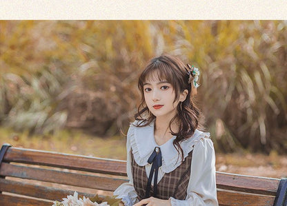 Long-Sleeve Frill Trim Blouse / Plaid Lace Trim Midi A-Line Overall Dress / Set