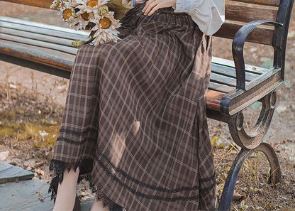 Long-Sleeve Frill Trim Blouse / Plaid Lace Trim Midi A-Line Overall Dress / Set