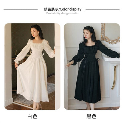 Long-Sleeve Lace-Up Midi A-Line Dress