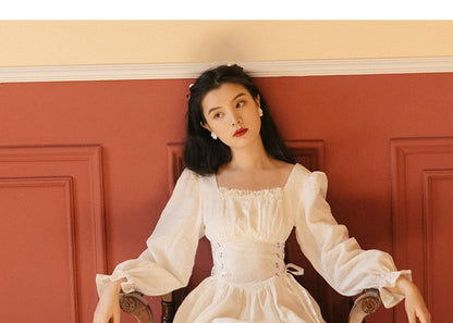 Long-Sleeve Lace-Up Midi A-Line Dress