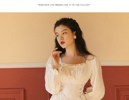 Long-Sleeve Lace-Up Midi A-Line Dress