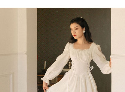 Long-Sleeve Lace-Up Midi A-Line Dress