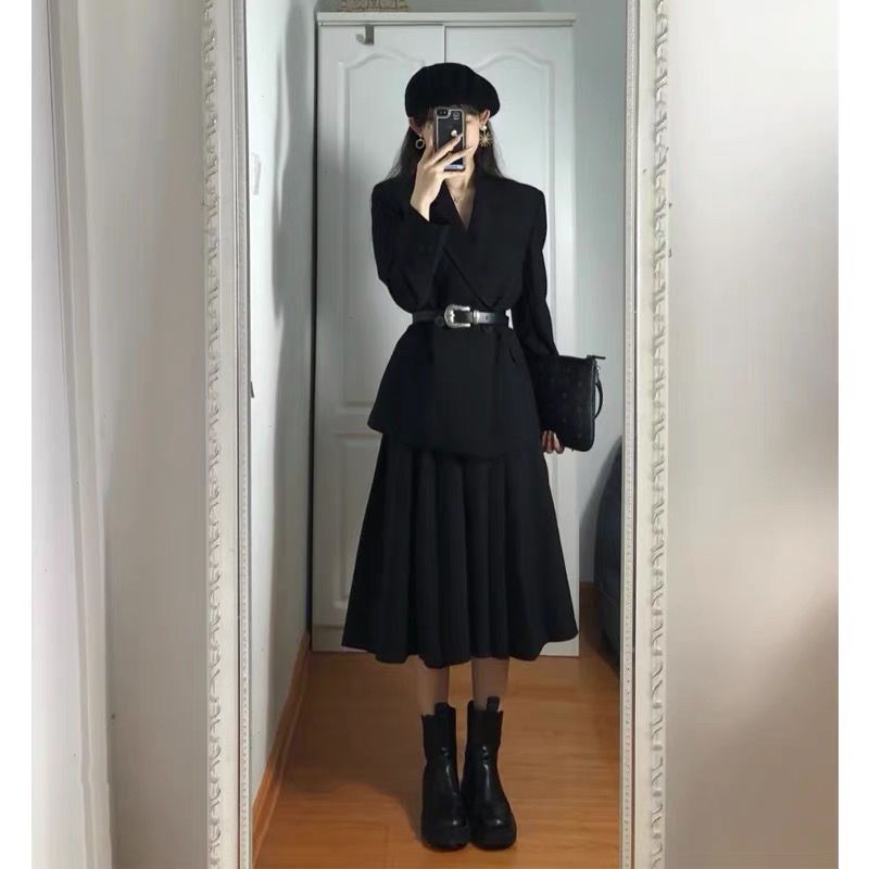 Plain Blazer / Faux Leather Belt / Midi A-Line Skirt / Set