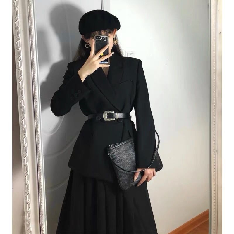 Plain Blazer / Faux Leather Belt / Midi A-Line Skirt / Set