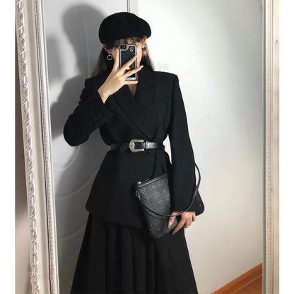 Plain Blazer / Faux Leather Belt / Midi A-Line Skirt / Set