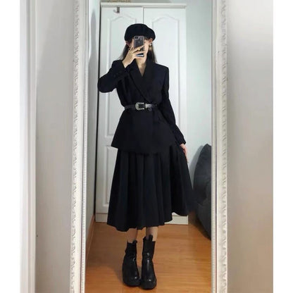 Plain Blazer / Faux Leather Belt / Midi A-Line Skirt / Set