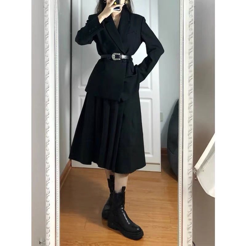 Plain Blazer / Faux Leather Belt / Midi A-Line Skirt / Set