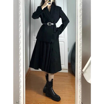 Plain Blazer / Faux Leather Belt / Midi A-Line Skirt / Set