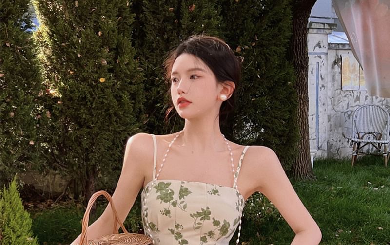 Spaghetti Strap Faux Pearl Floral Print Midi Sundress