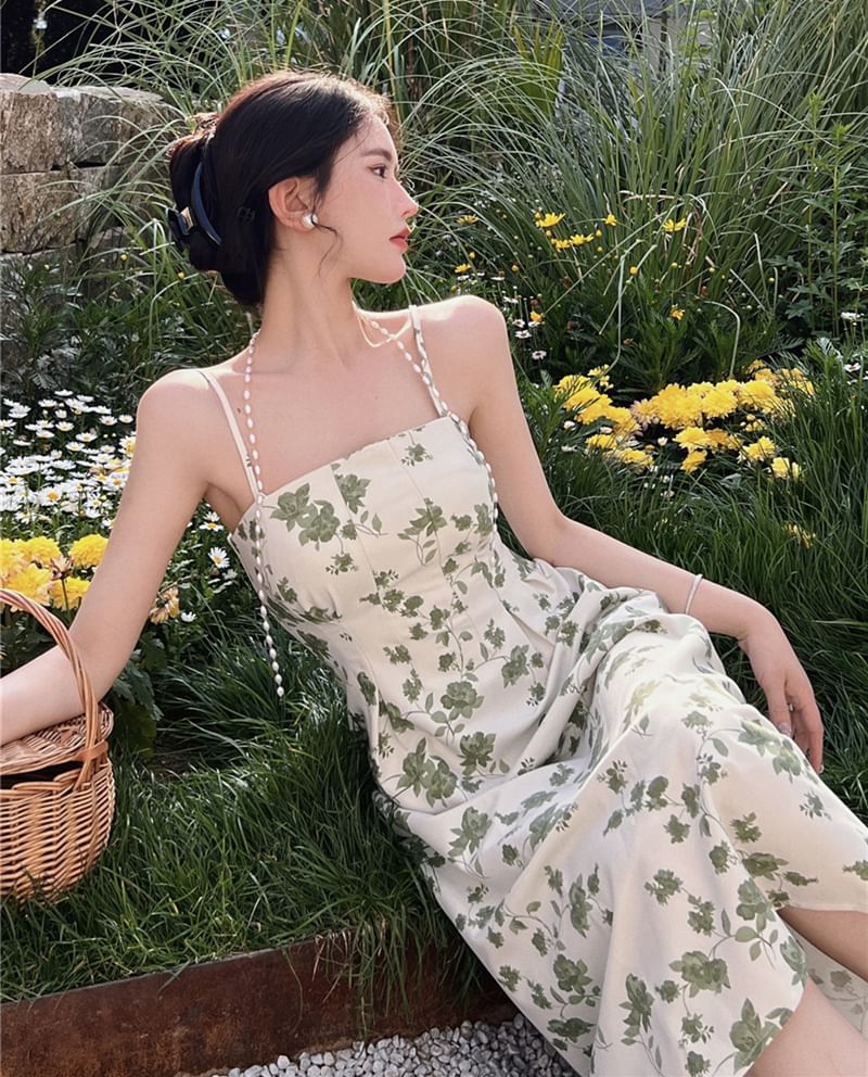 Spaghetti Strap Faux Pearl Floral Print Midi Sundress