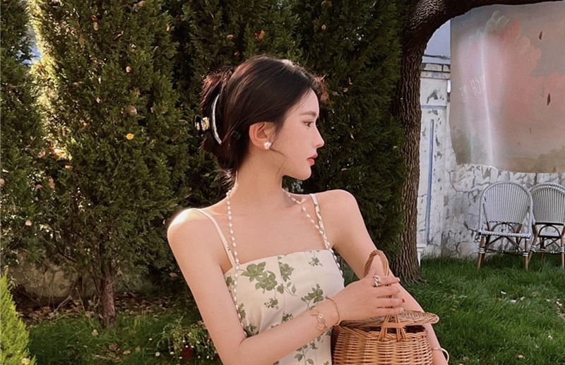 Spaghetti Strap Faux Pearl Floral Print Midi Sundress