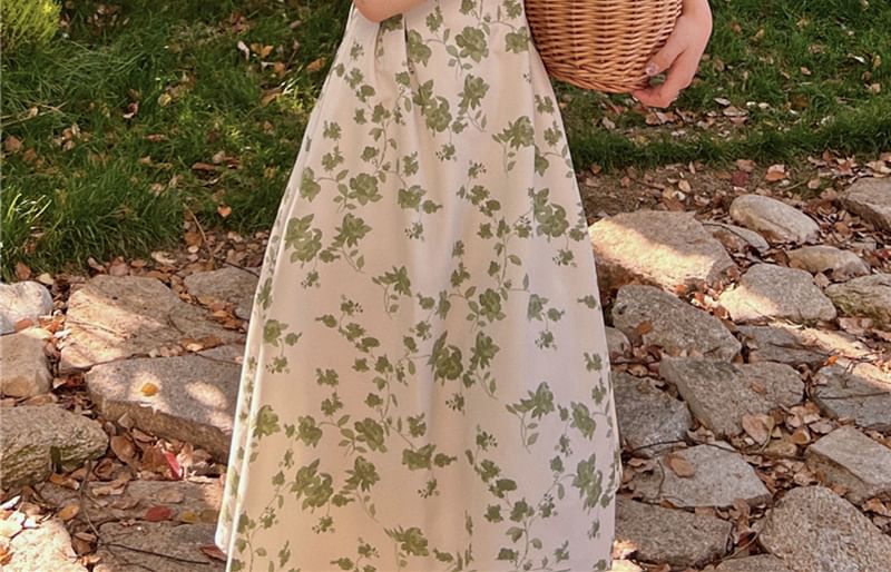 Spaghetti Strap Faux Pearl Floral Print Midi Sundress