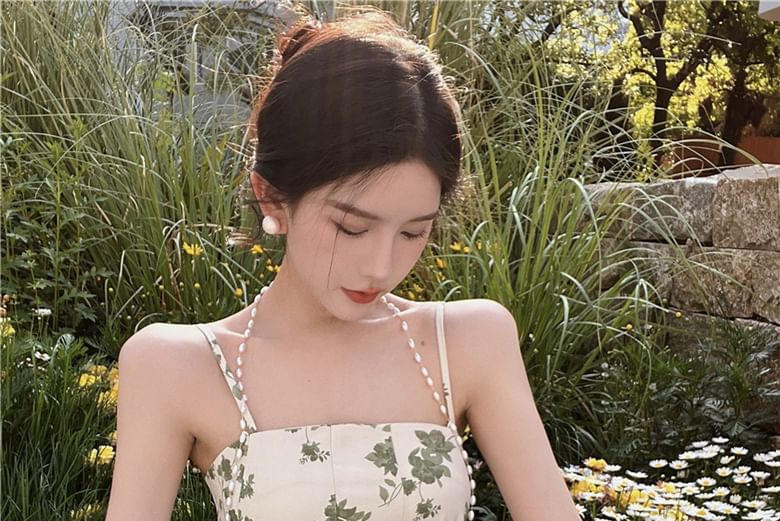 Spaghetti Strap Faux Pearl Floral Print Midi Sundress