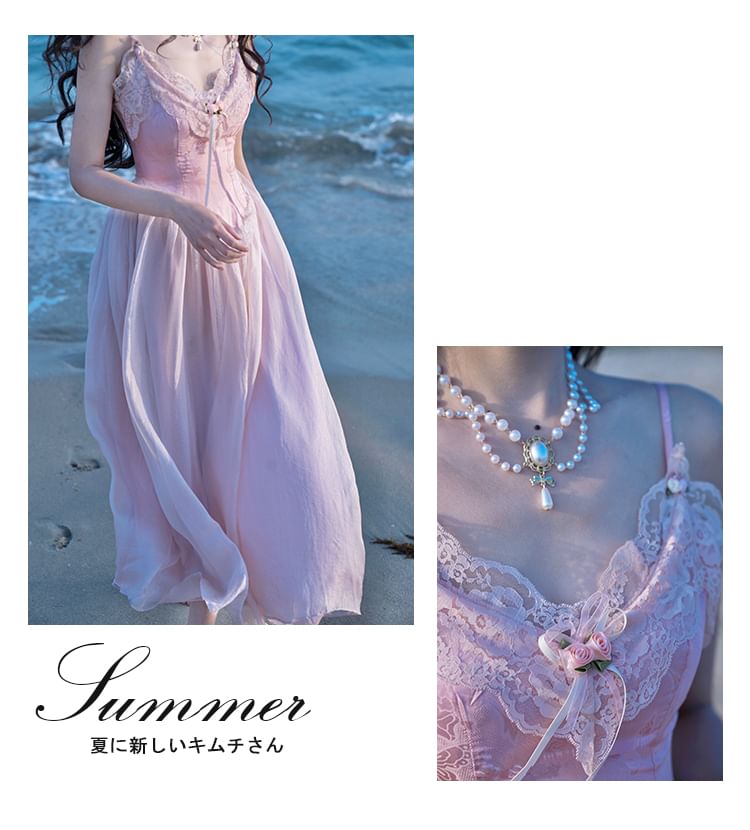 Spaghetti Strap Lace Midi Corset Dress / Necklace / Set