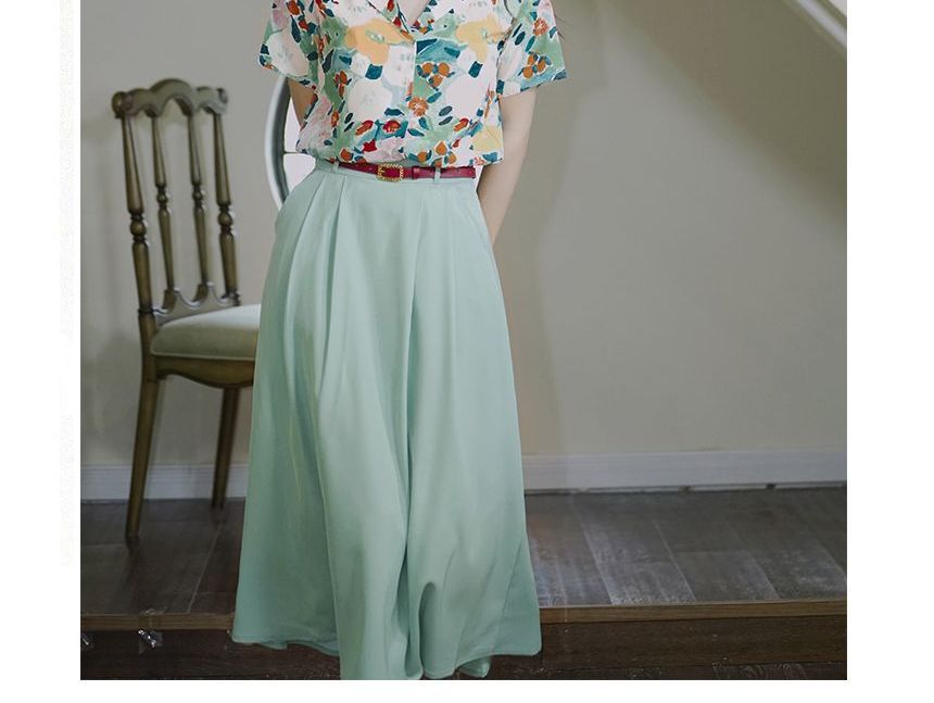 Set: Short-Sleeve Floral Print Shirt + Midi A-Line Skirt + Belt