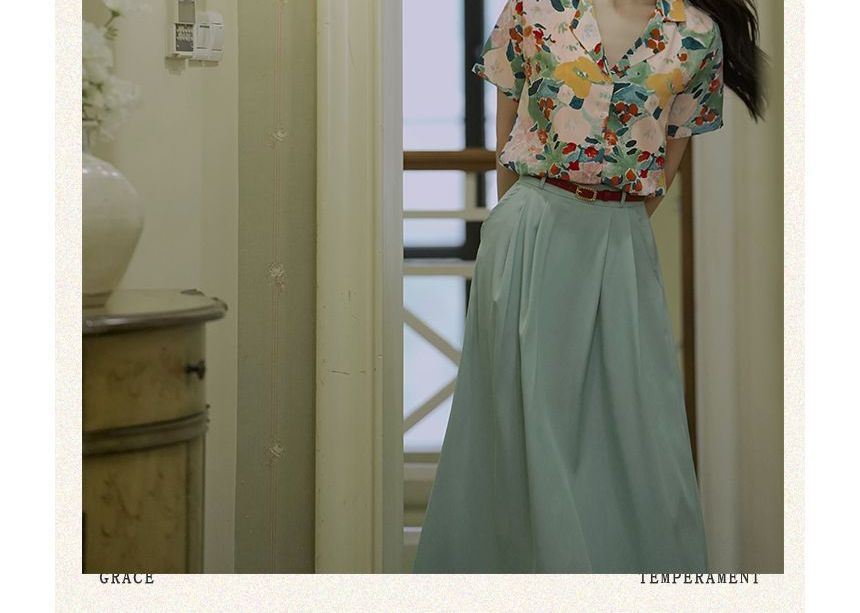 Set: Short-Sleeve Floral Print Shirt + Midi A-Line Skirt + Belt