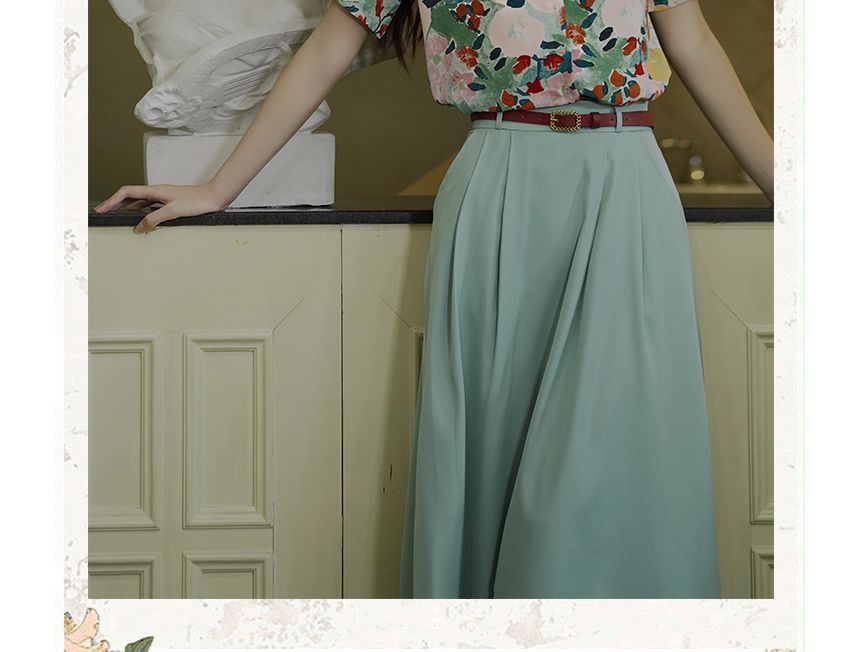 Set: Short-Sleeve Floral Print Shirt + Midi A-Line Skirt + Belt