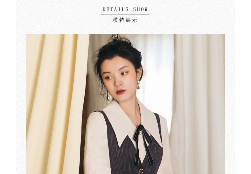 Set: Puff-Sleeve Bow Shirt + Midi Overall Dress