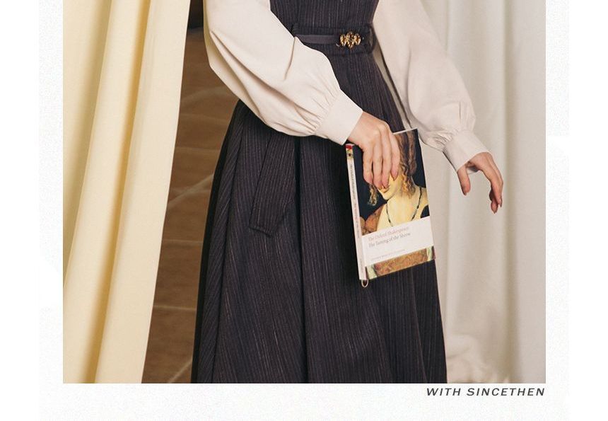 Set: Puff-Sleeve Bow Shirt + Midi Overall Dress