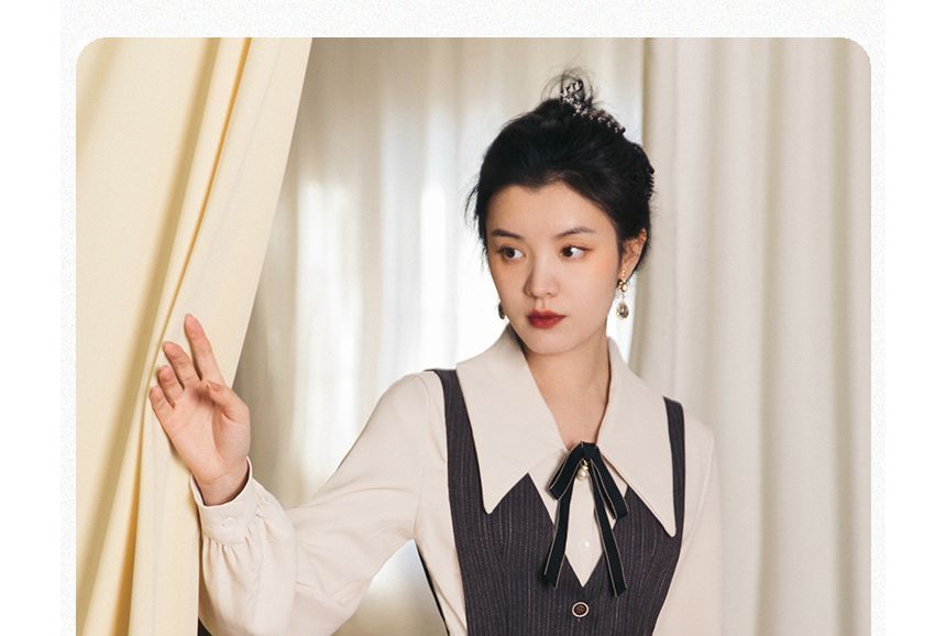 Set: Puff-Sleeve Bow Shirt + Midi Overall Dress