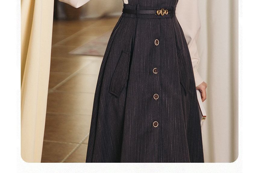 Set: Puff-Sleeve Bow Shirt + Midi Overall Dress