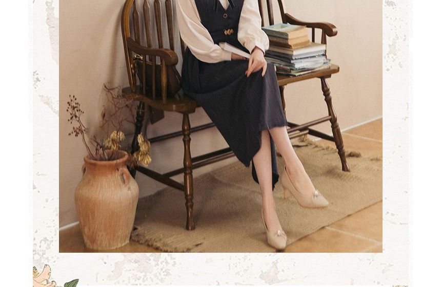 Set: Puff-Sleeve Bow Shirt + Midi Overall Dress