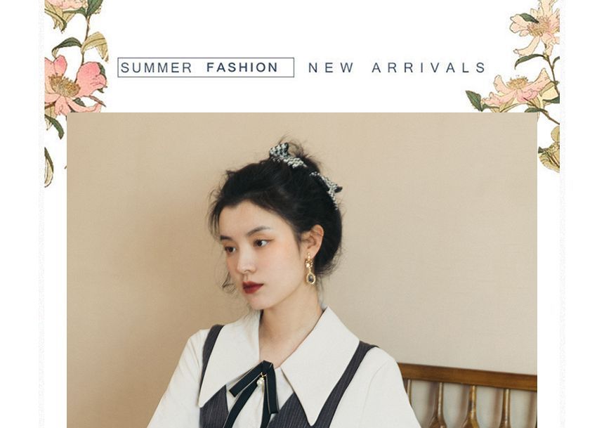 Set: Puff-Sleeve Bow Shirt + Midi Overall Dress