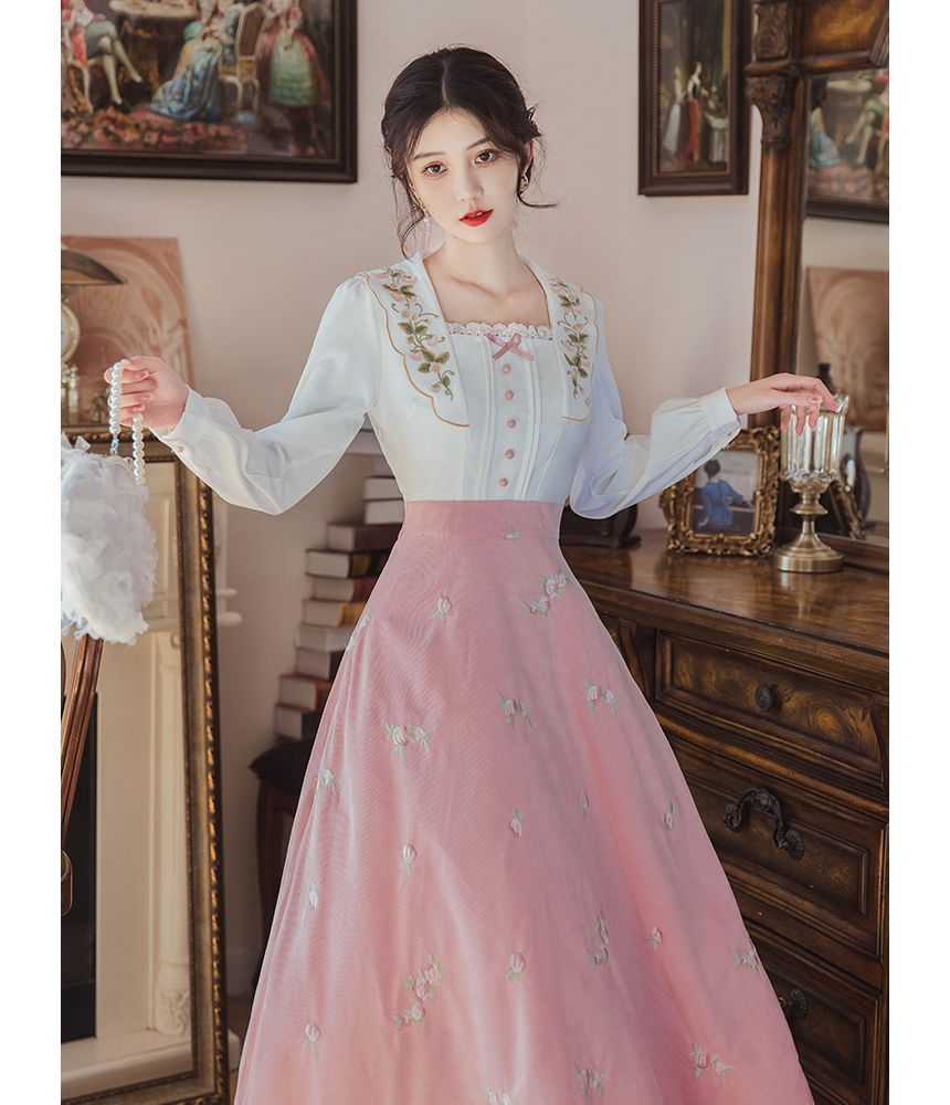 Mock Two-Piece Puff-Sleeve Square-Neck Floral Embroidered Midi Dress