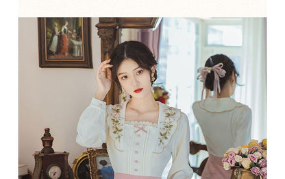 Mock Two-Piece Puff-Sleeve Square-Neck Floral Embroidered Midi Dress