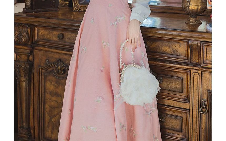 Mock Two-Piece Puff-Sleeve Square-Neck Floral Embroidered Midi Dress