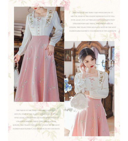 Mock Two-Piece Puff-Sleeve Square-Neck Floral Embroidered Midi Dress