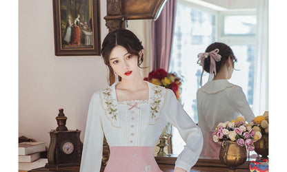 Mock Two-Piece Puff-Sleeve Square-Neck Floral Embroidered Midi Dress