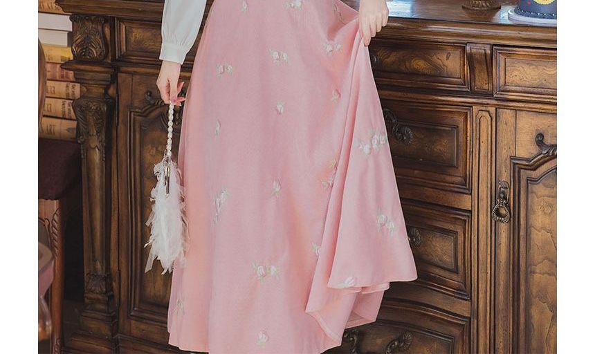 Mock Two-Piece Puff-Sleeve Square-Neck Floral Embroidered Midi Dress