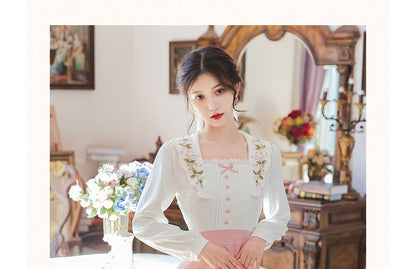 Mock Two-Piece Puff-Sleeve Square-Neck Floral Embroidered Midi Dress