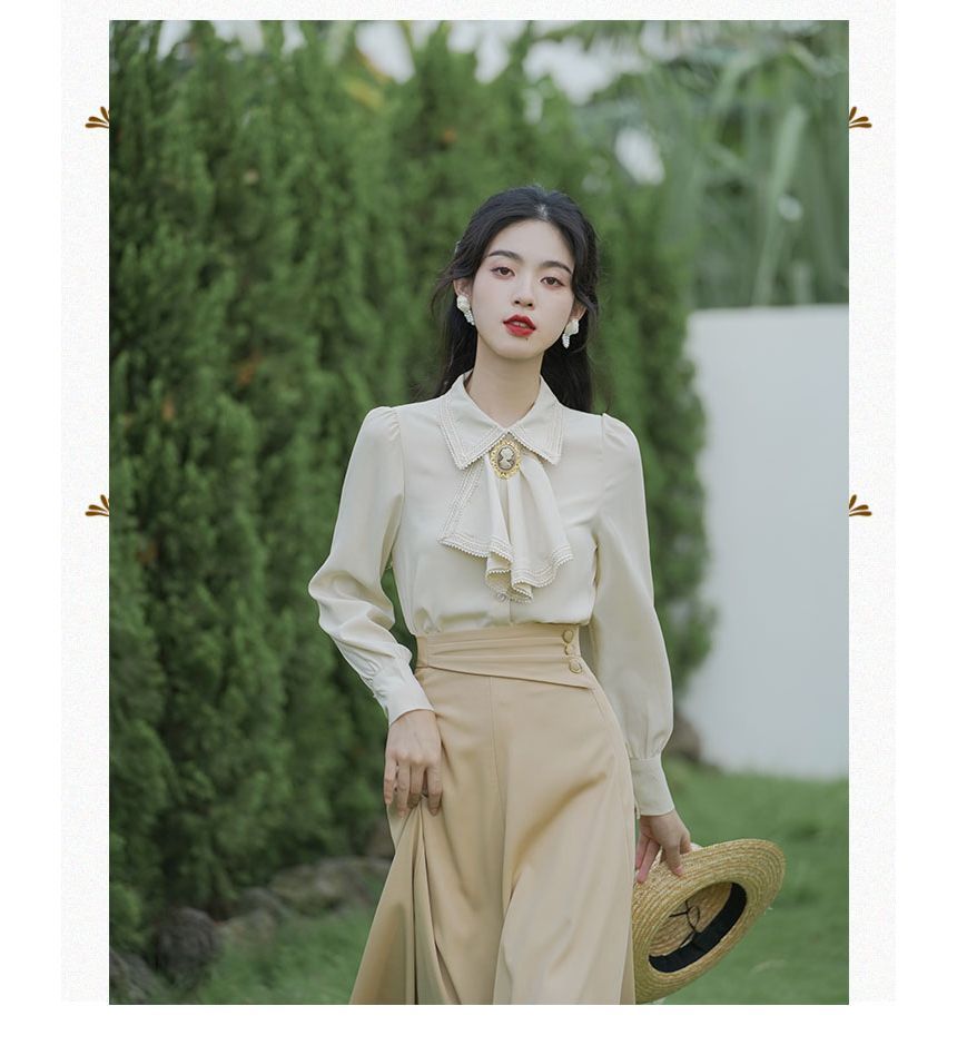 Set: Puff-Sleeve Tie-Neck Ruffled Blouse + High Waist Midi A-Line Skirt