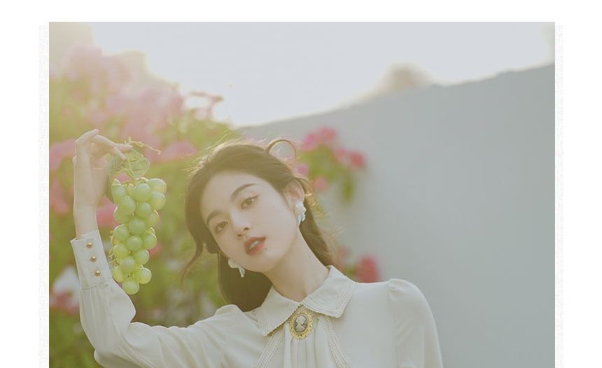 Set: Puff-Sleeve Tie-Neck Ruffled Blouse + High Waist Midi A-Line Skirt