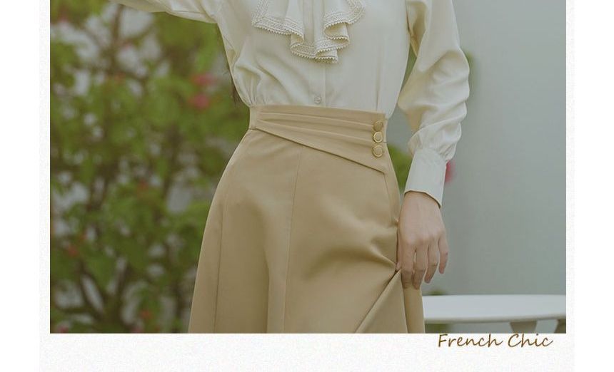 Set: Puff-Sleeve Tie-Neck Ruffled Blouse + High Waist Midi A-Line Skirt