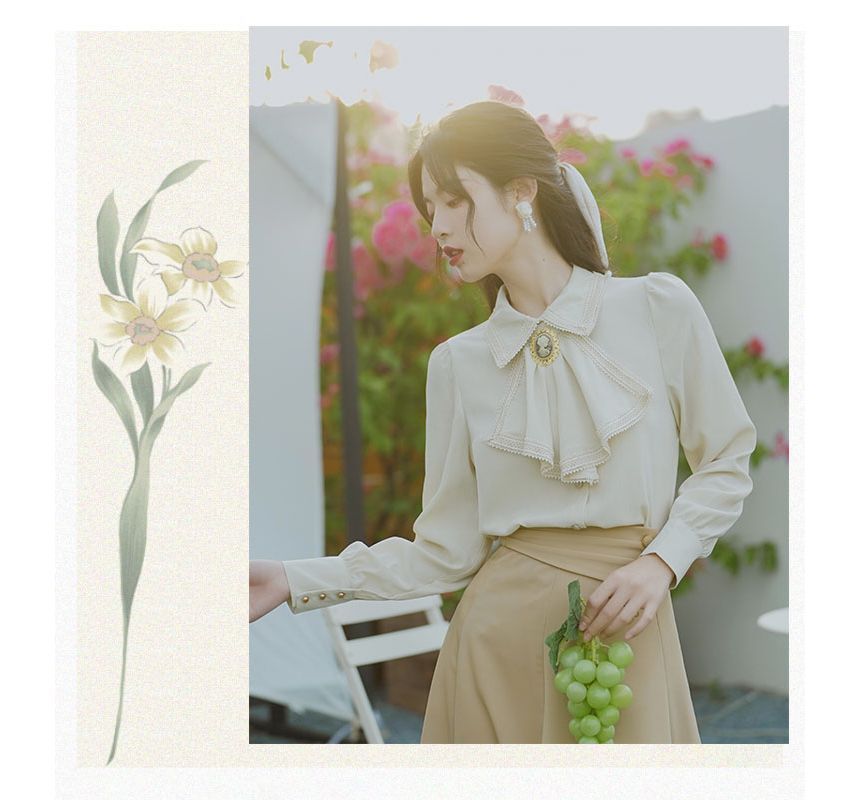 Set: Puff-Sleeve Tie-Neck Ruffled Blouse + High Waist Midi A-Line Skirt