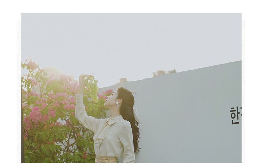 Set: Puff-Sleeve Tie-Neck Ruffled Blouse + High Waist Midi A-Line Skirt