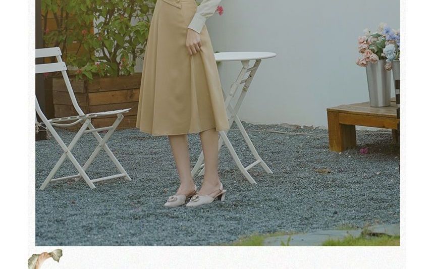 Set: Puff-Sleeve Tie-Neck Ruffled Blouse + High Waist Midi A-Line Skirt