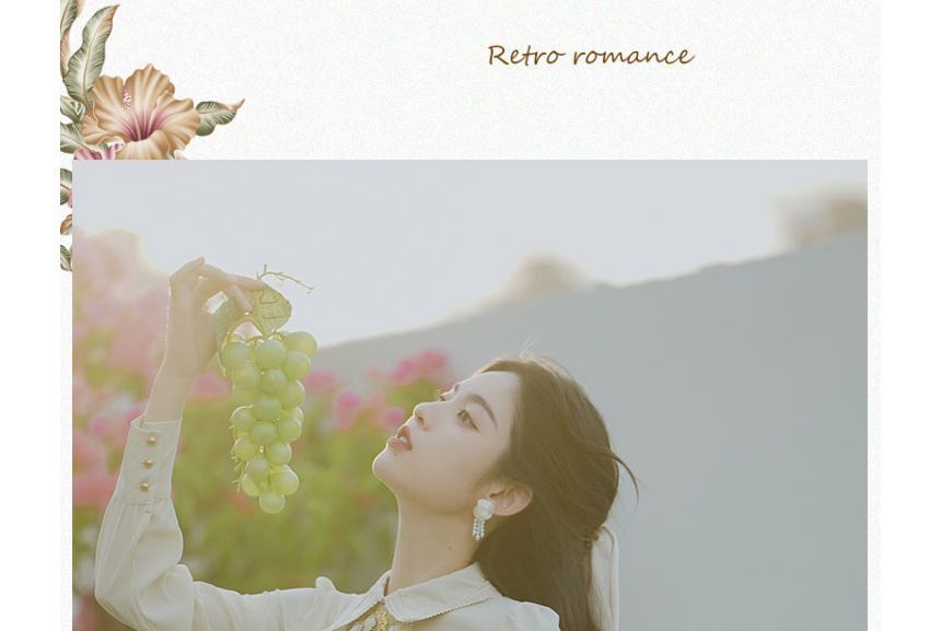 Set: Puff-Sleeve Tie-Neck Ruffled Blouse + High Waist Midi A-Line Skirt