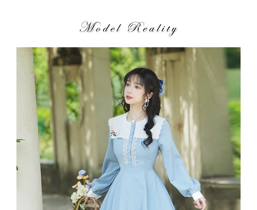 Puff-Sleeve Floral Embroidered Collared Lace Trim Midi A-Line Dress