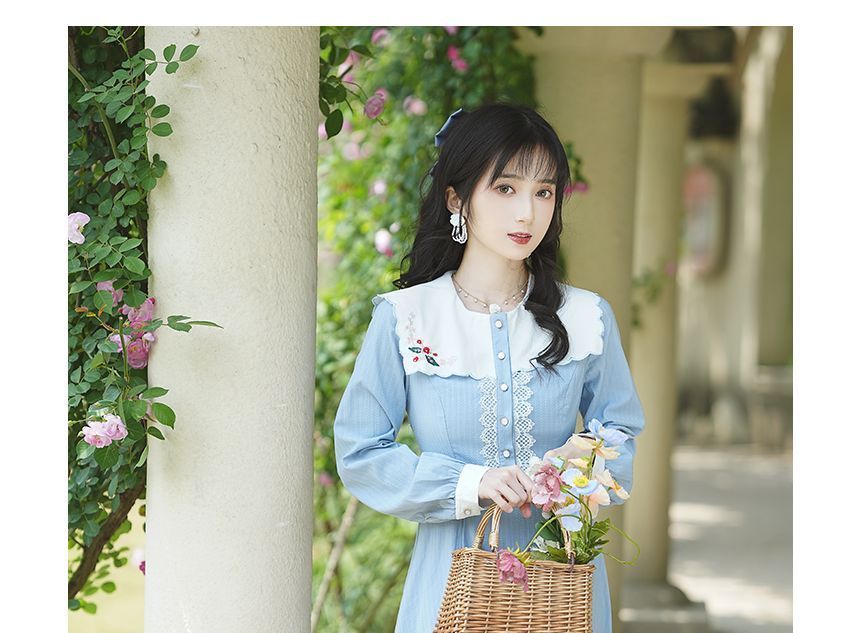 Puff-Sleeve Floral Embroidered Collared Lace Trim Midi A-Line Dress