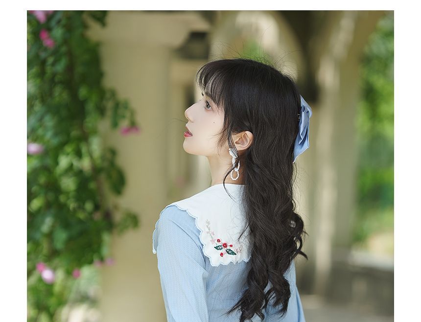 Puff-Sleeve Floral Embroidered Collared Lace Trim Midi A-Line Dress