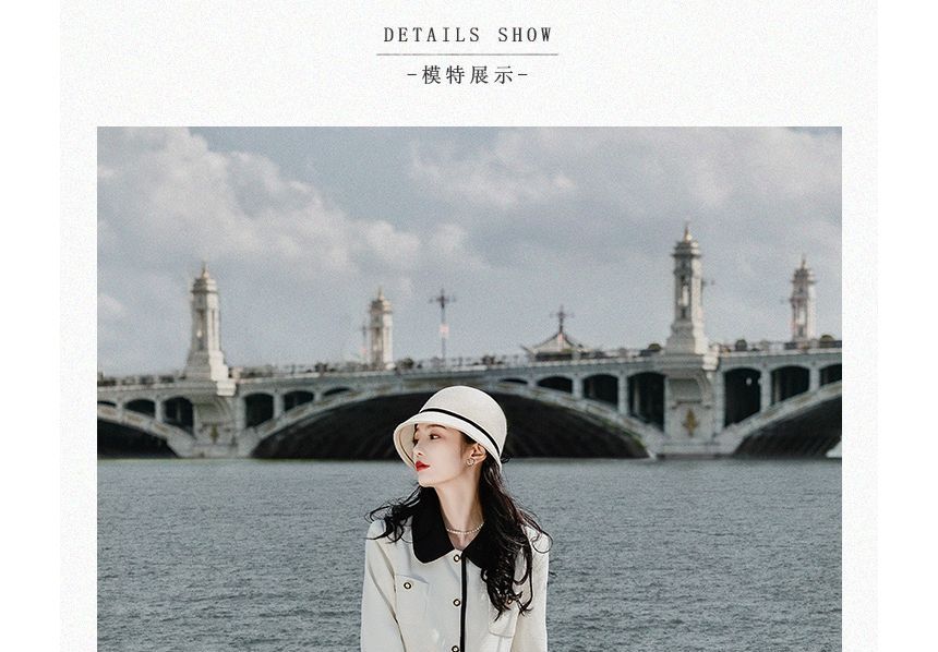 Set: Collared Contrast Trim Single Breasted Jacket with Belt + High Waist Plain Midi A-Line Skirt