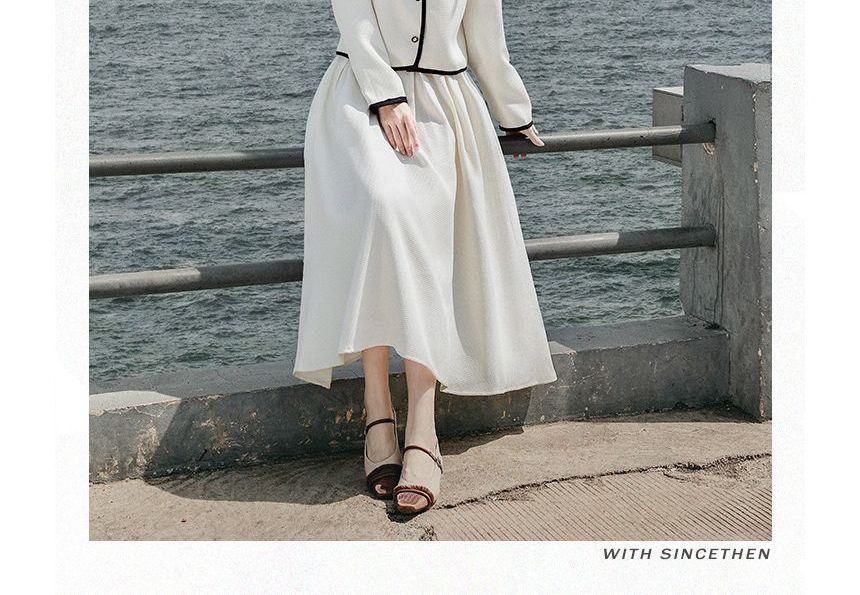 Set: Collared Contrast Trim Single Breasted Jacket with Belt + High Waist Plain Midi A-Line Skirt