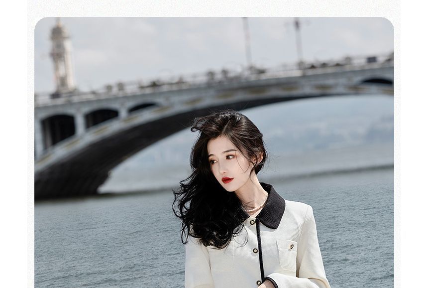 Set: Collared Contrast Trim Single Breasted Jacket with Belt + High Waist Plain Midi A-Line Skirt