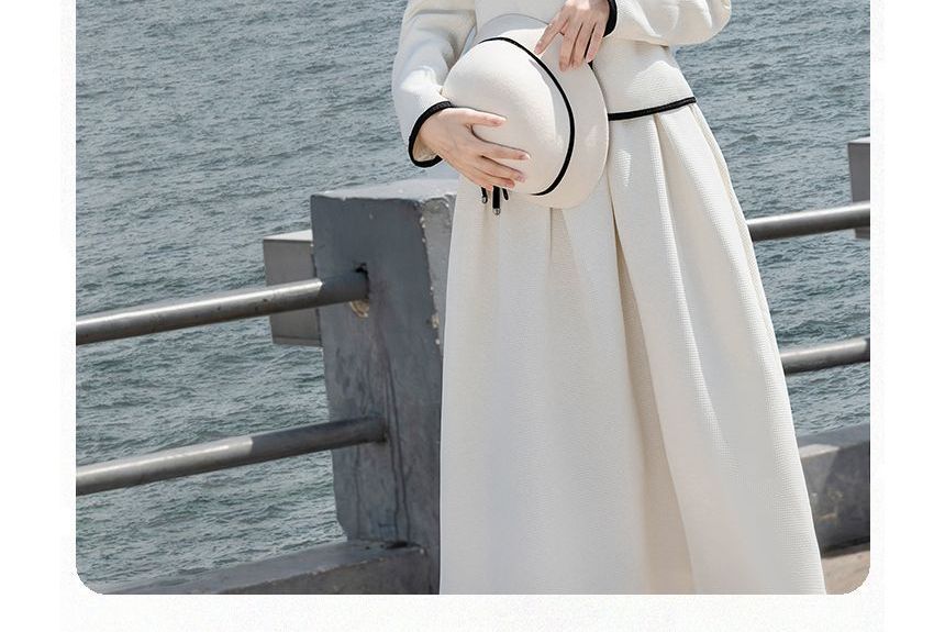 Set: Collared Contrast Trim Single Breasted Jacket with Belt + High Waist Plain Midi A-Line Skirt