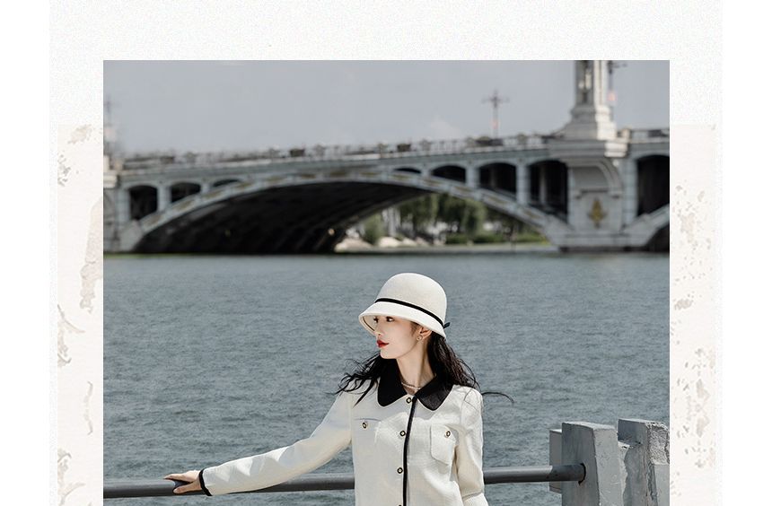 Set: Collared Contrast Trim Single Breasted Jacket with Belt + High Waist Plain Midi A-Line Skirt